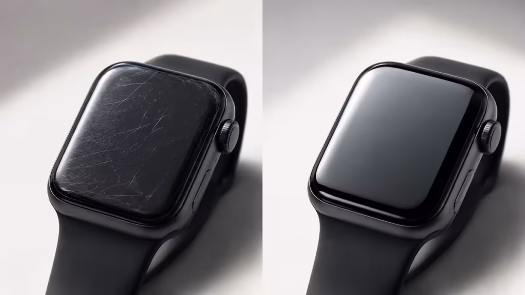 Polerowanie ekranu Apple Watch – usuwanie rys, efekt przed i po
